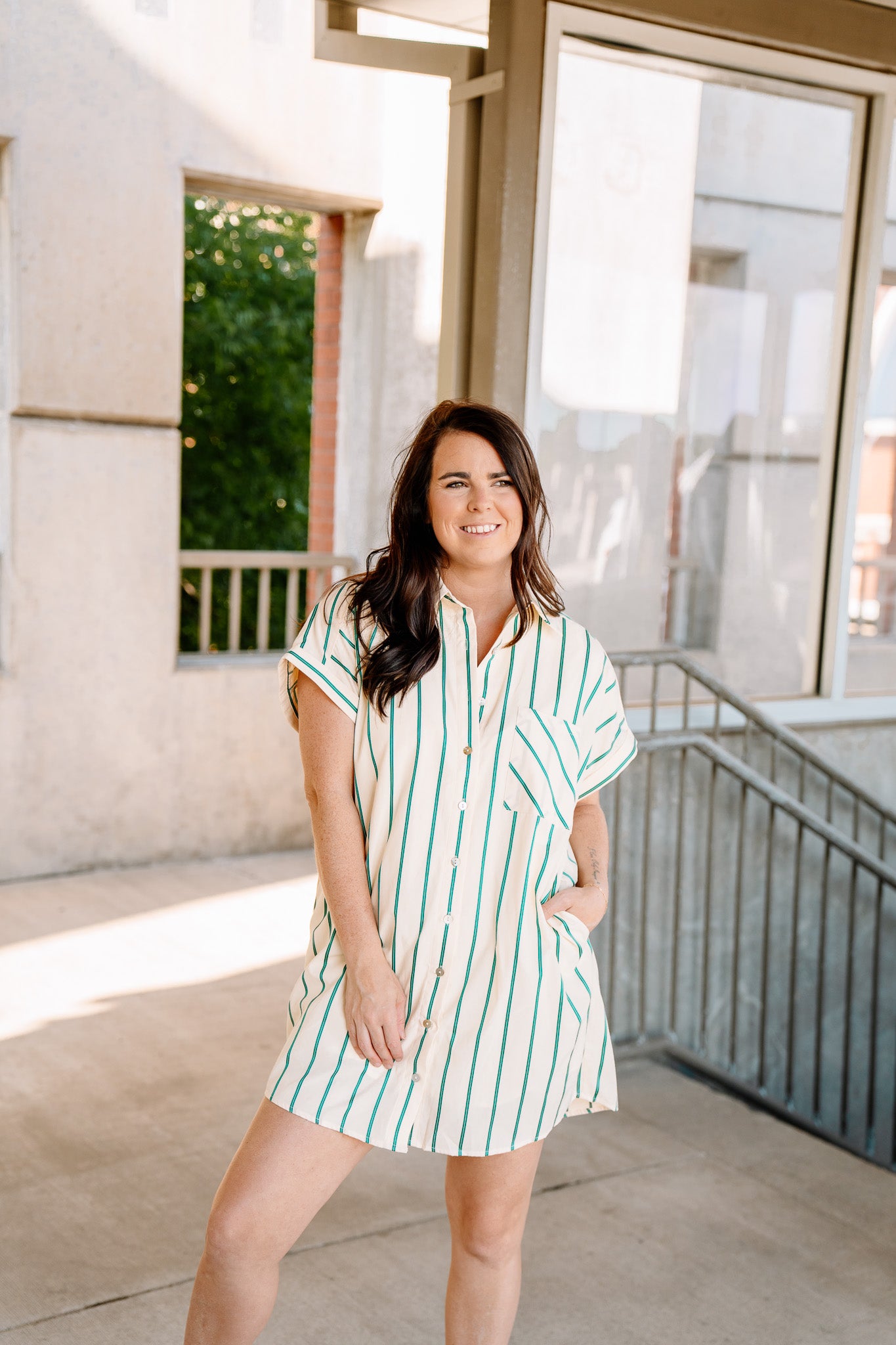 Green Stripe Shirt Dress