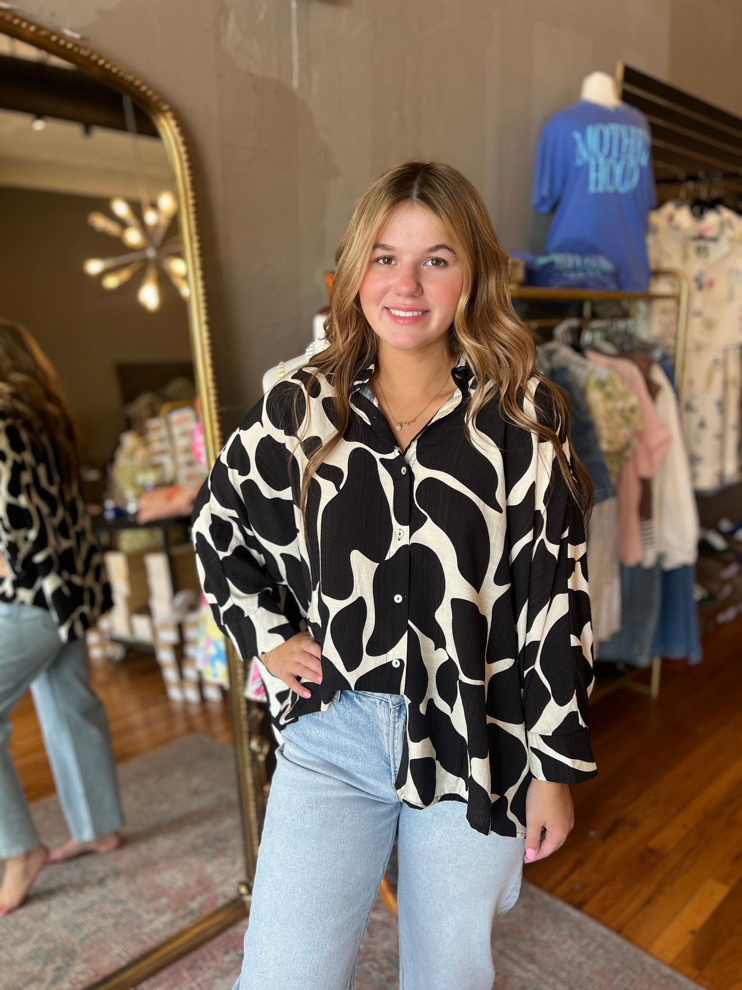 Black Oversized Abstract Button-Up Shirt