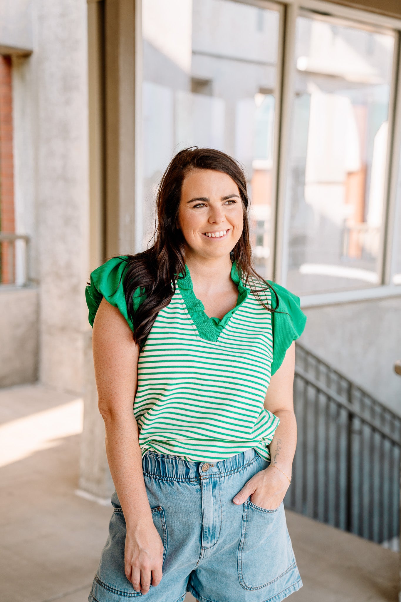 Cream Green Ruffle Top