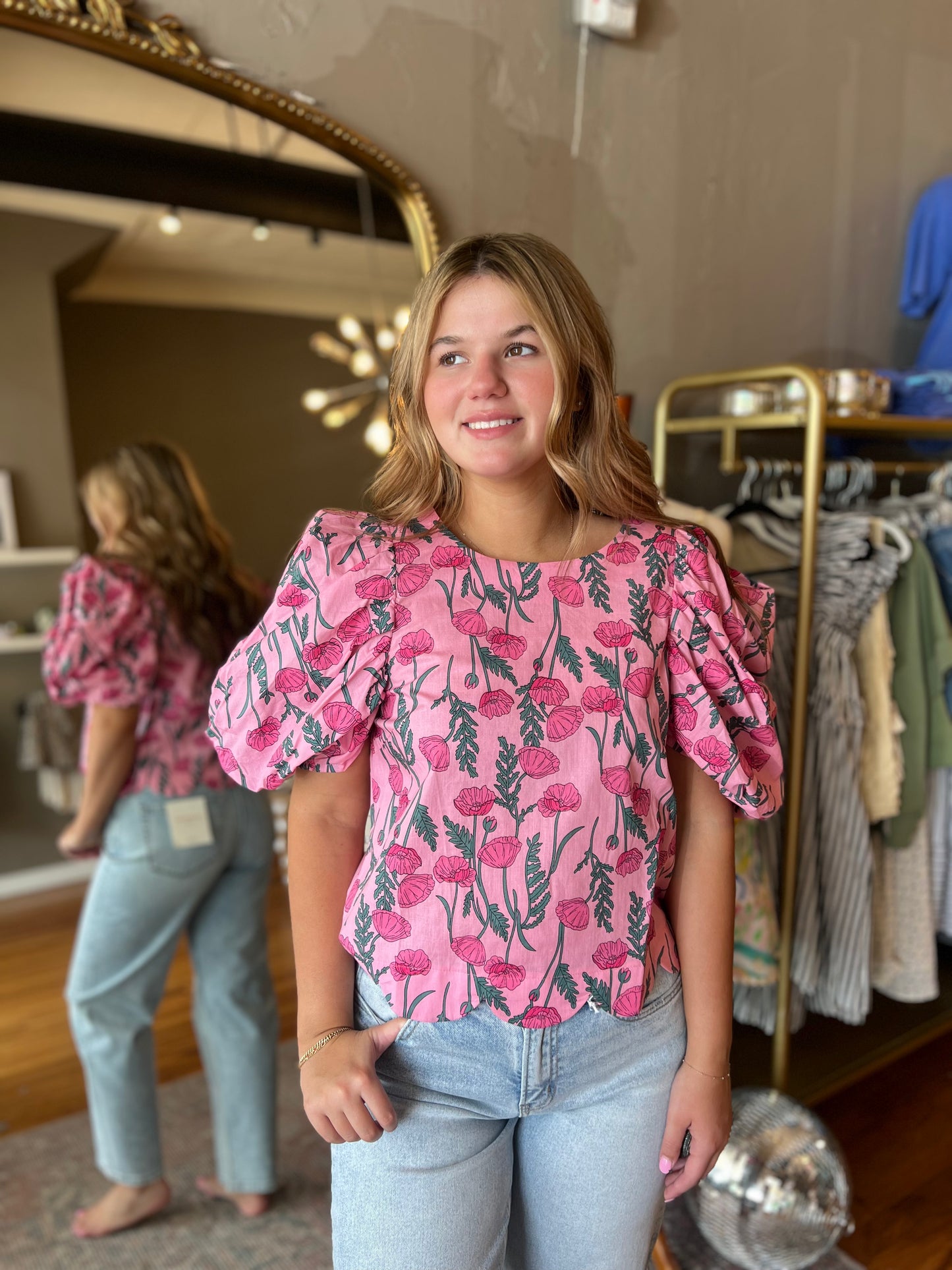 Pink Floral Puff Top