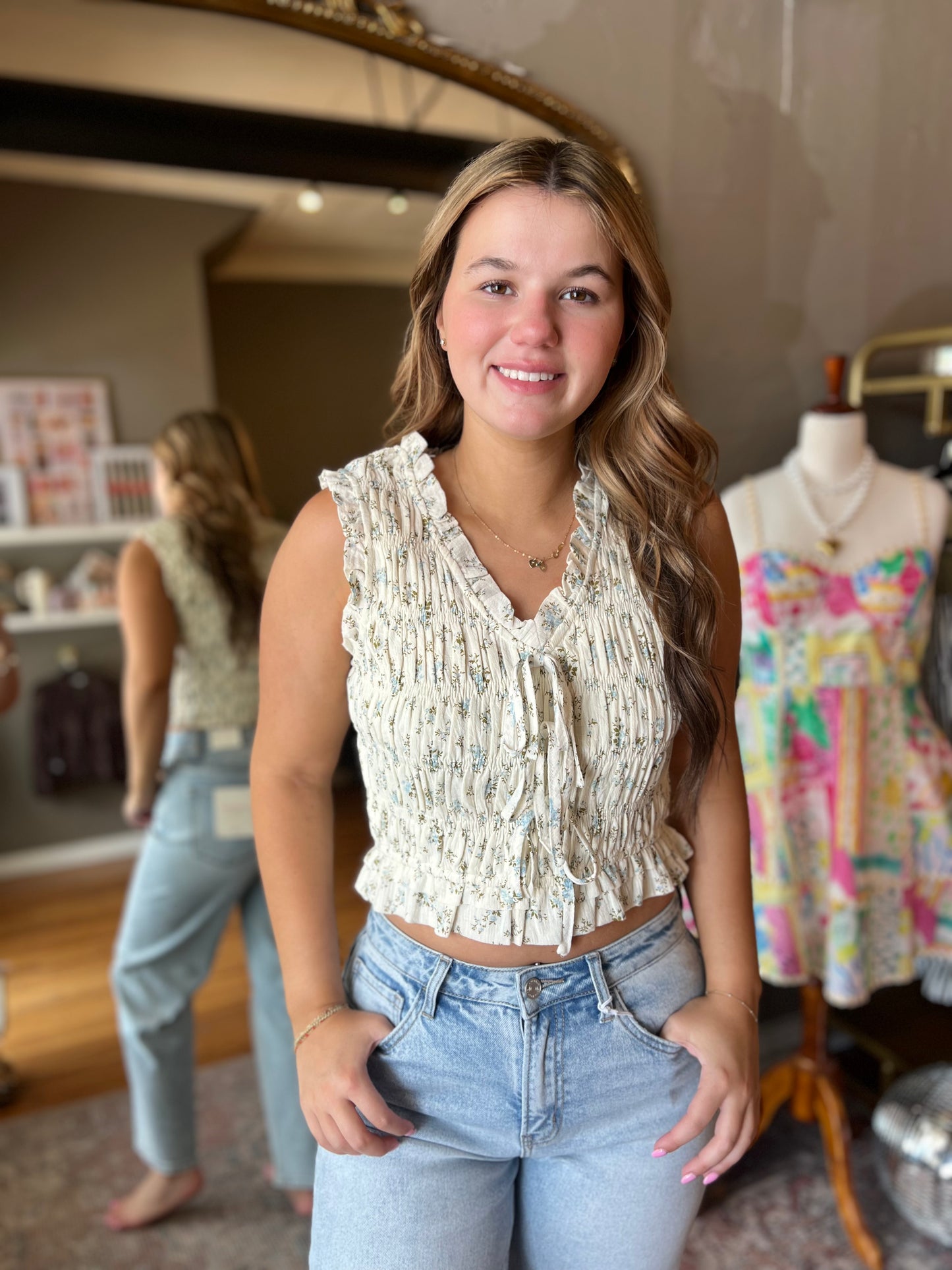 Dusty Blue Floral Smocked Tank