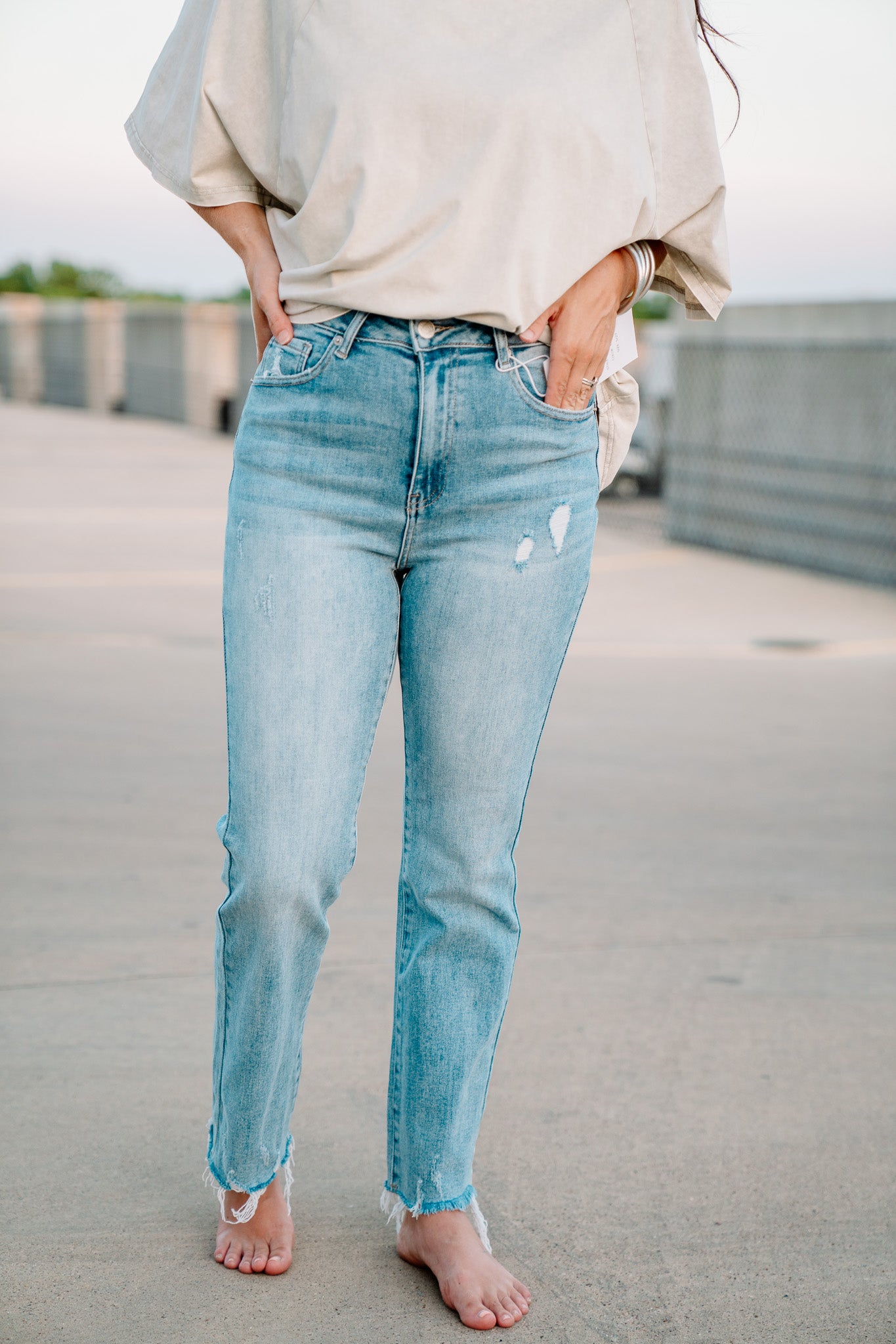 High Rise Raw Hem Straight Leg Jeans