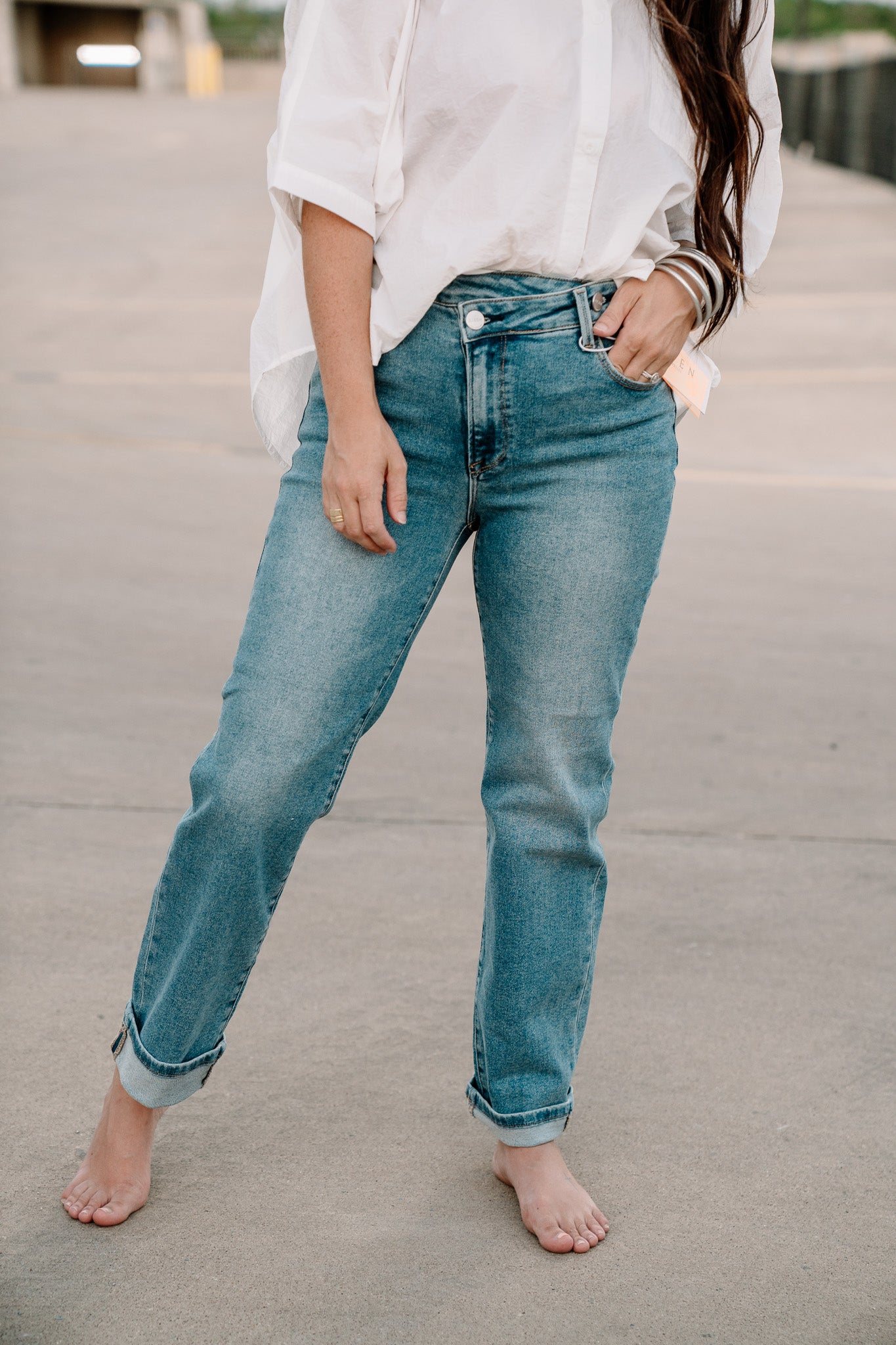 Mid-Rise Cross Over Straight Leg Jeans