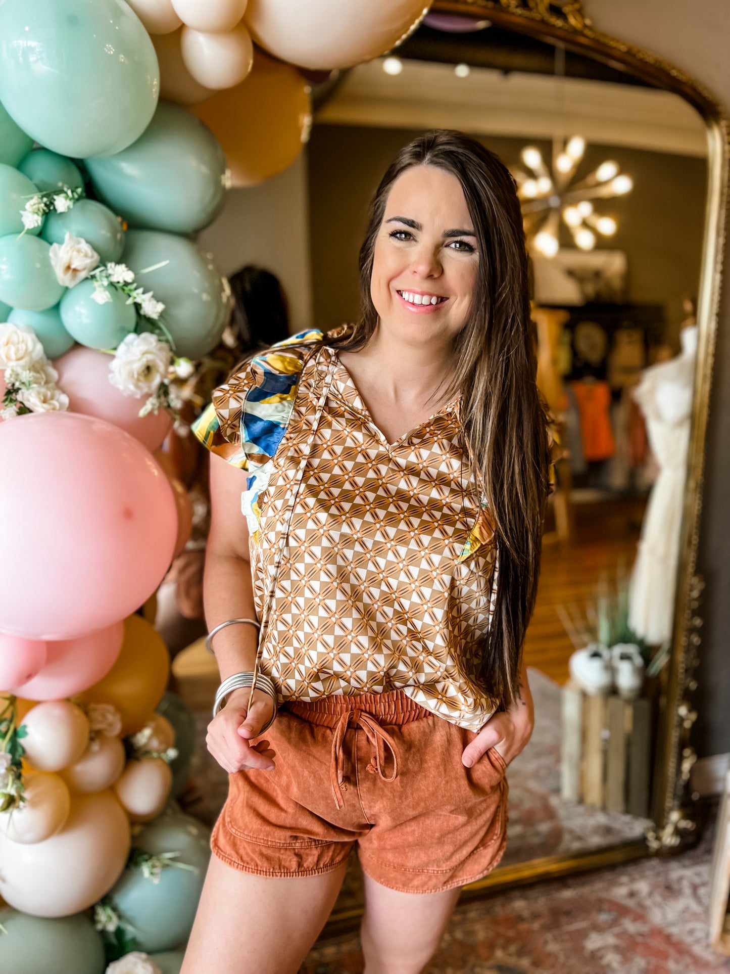 Geo Ruffle Sleeve Top