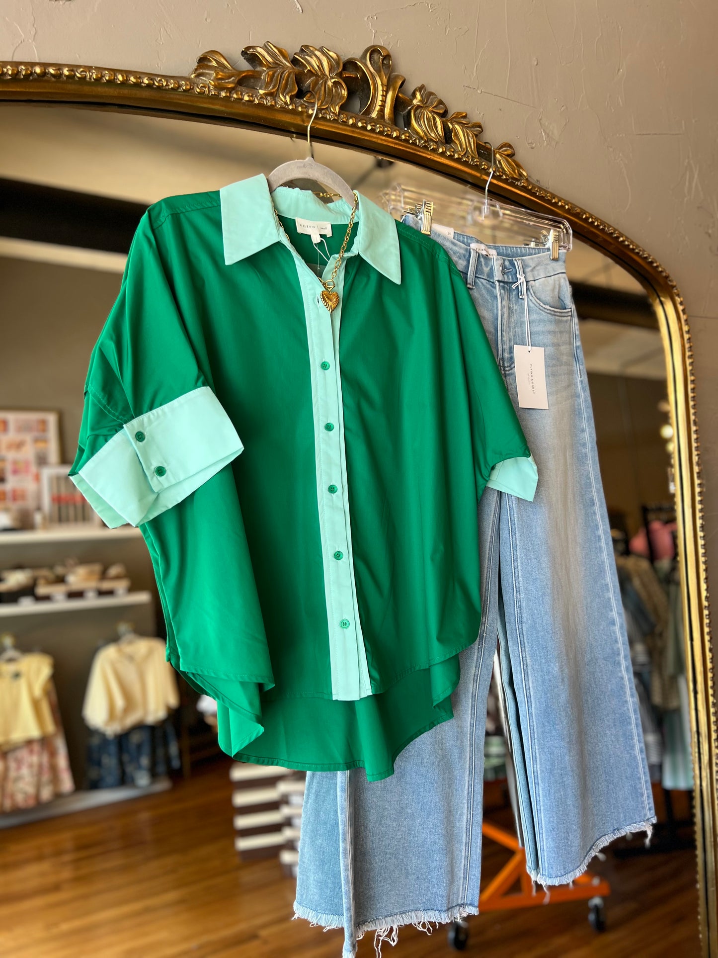 Tonal Green Button Top