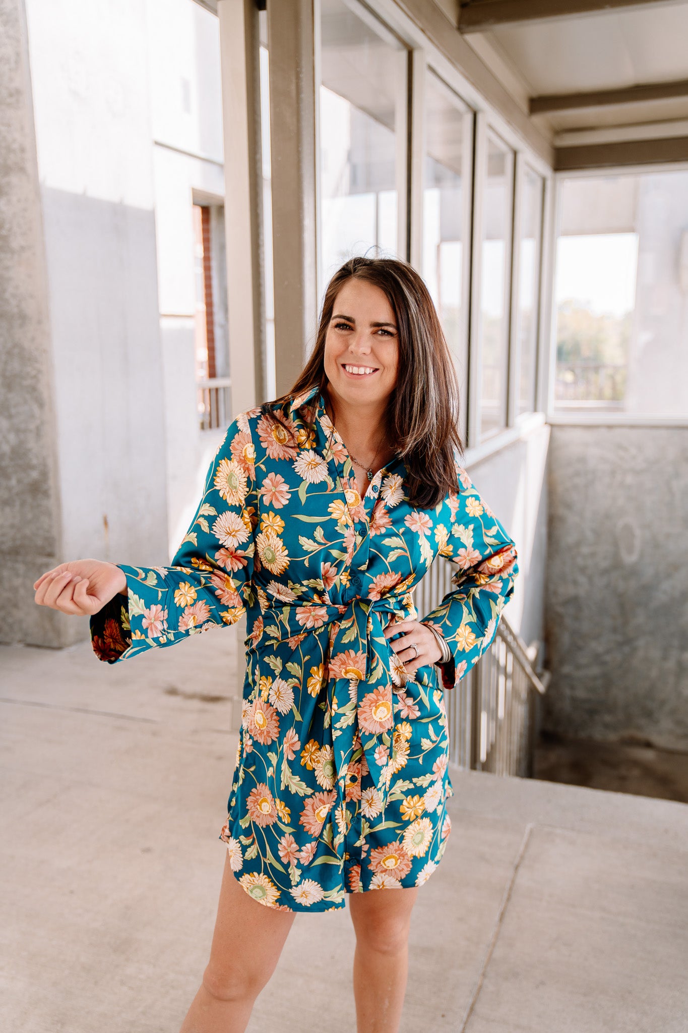 Teal Floral Tie Front Dress