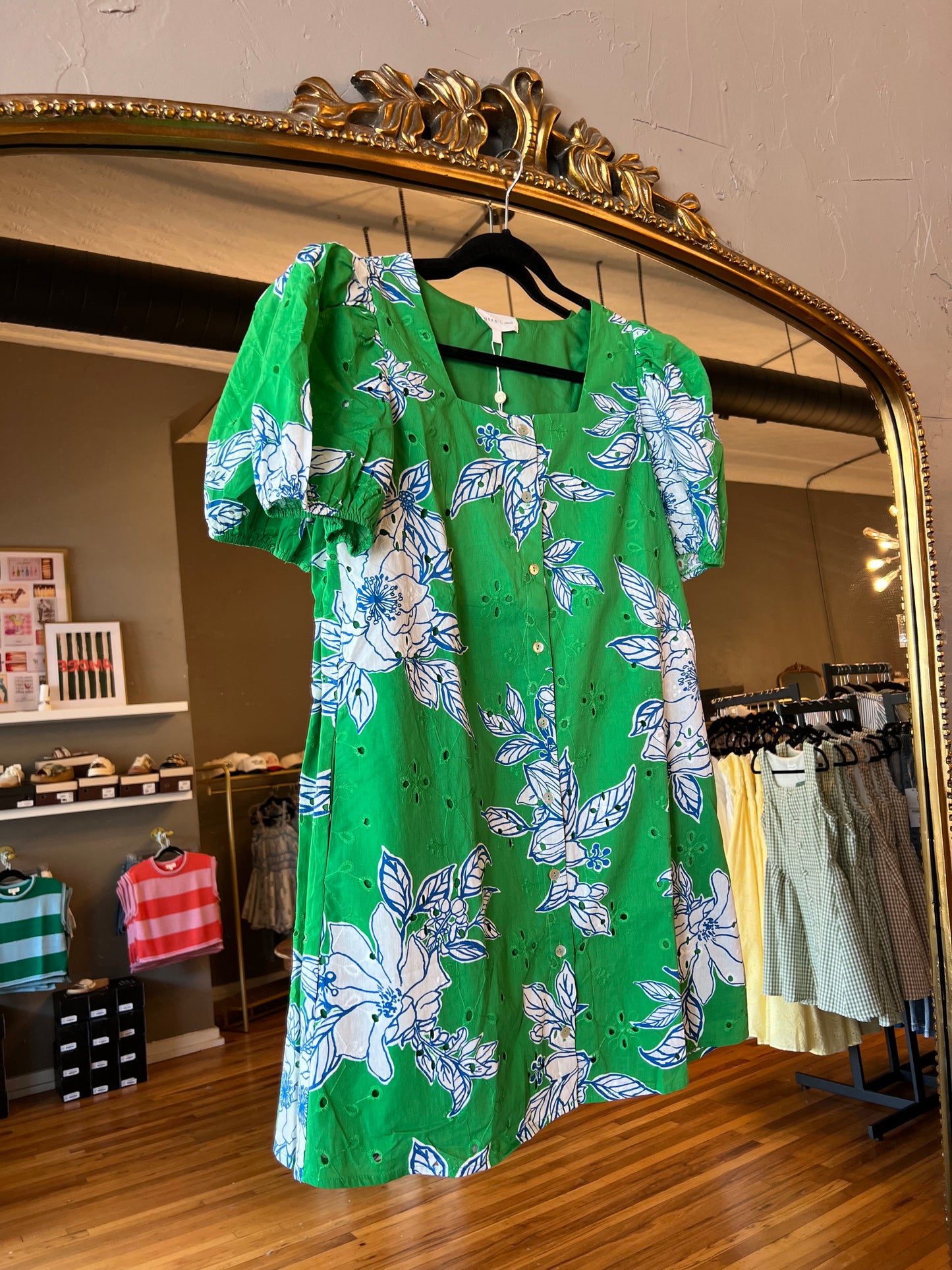 Green Floral Eyelet Dress