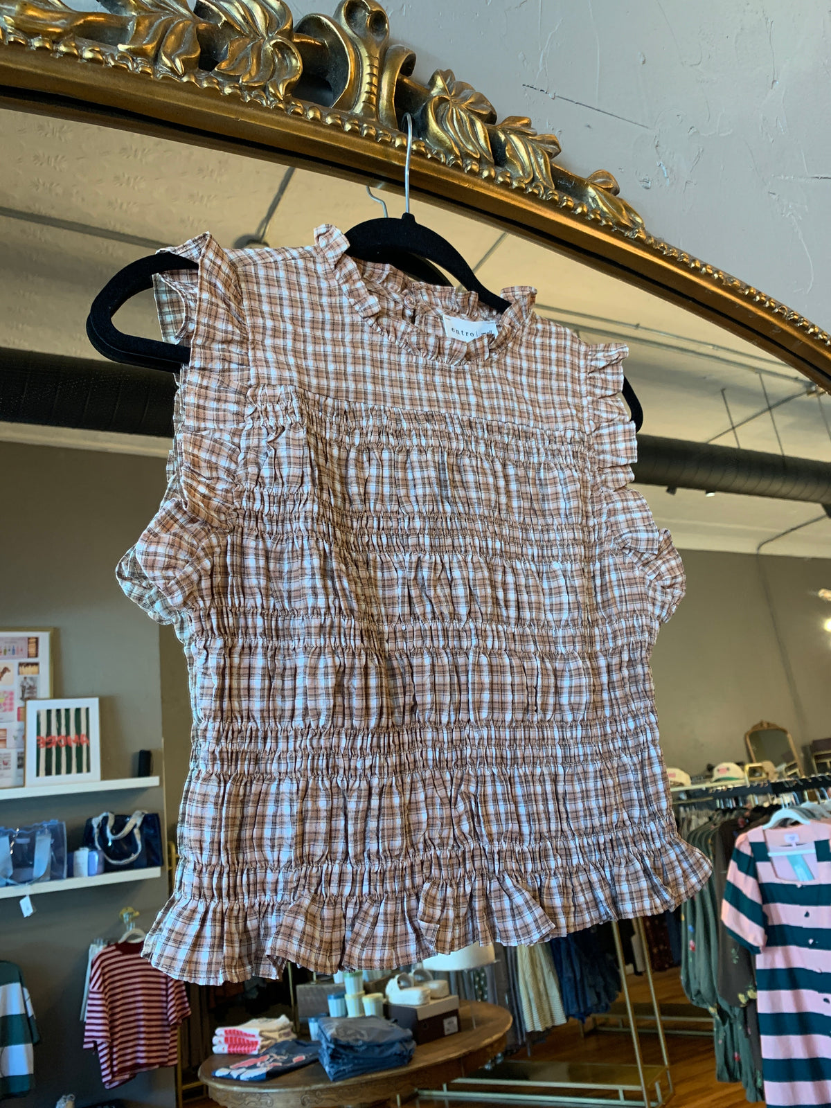 Camel Gingham Smock Top