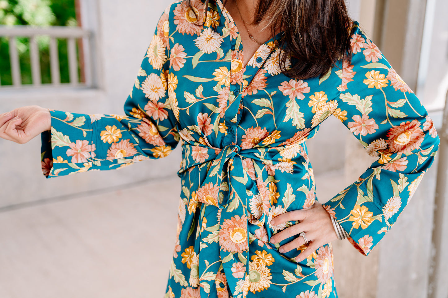 Teal Floral Tie Front Dress
