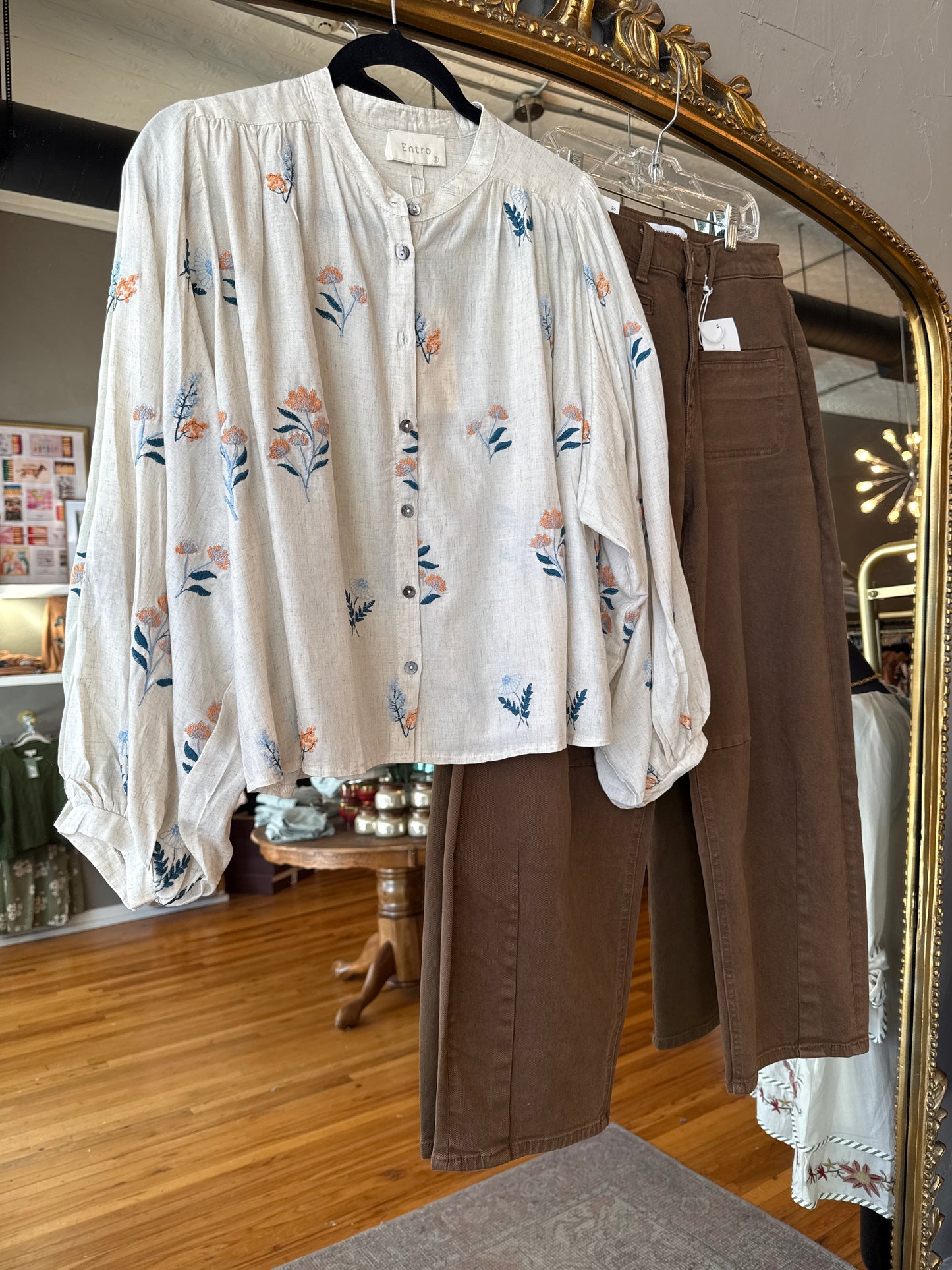 Ecru Floral Button Top