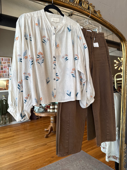 Ecru Floral Button Top