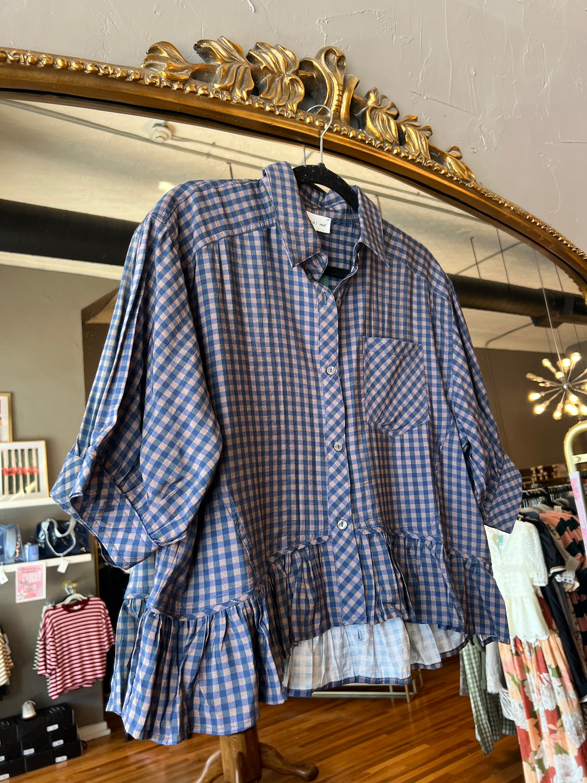 Navy Gingham Ruffle Hem Top