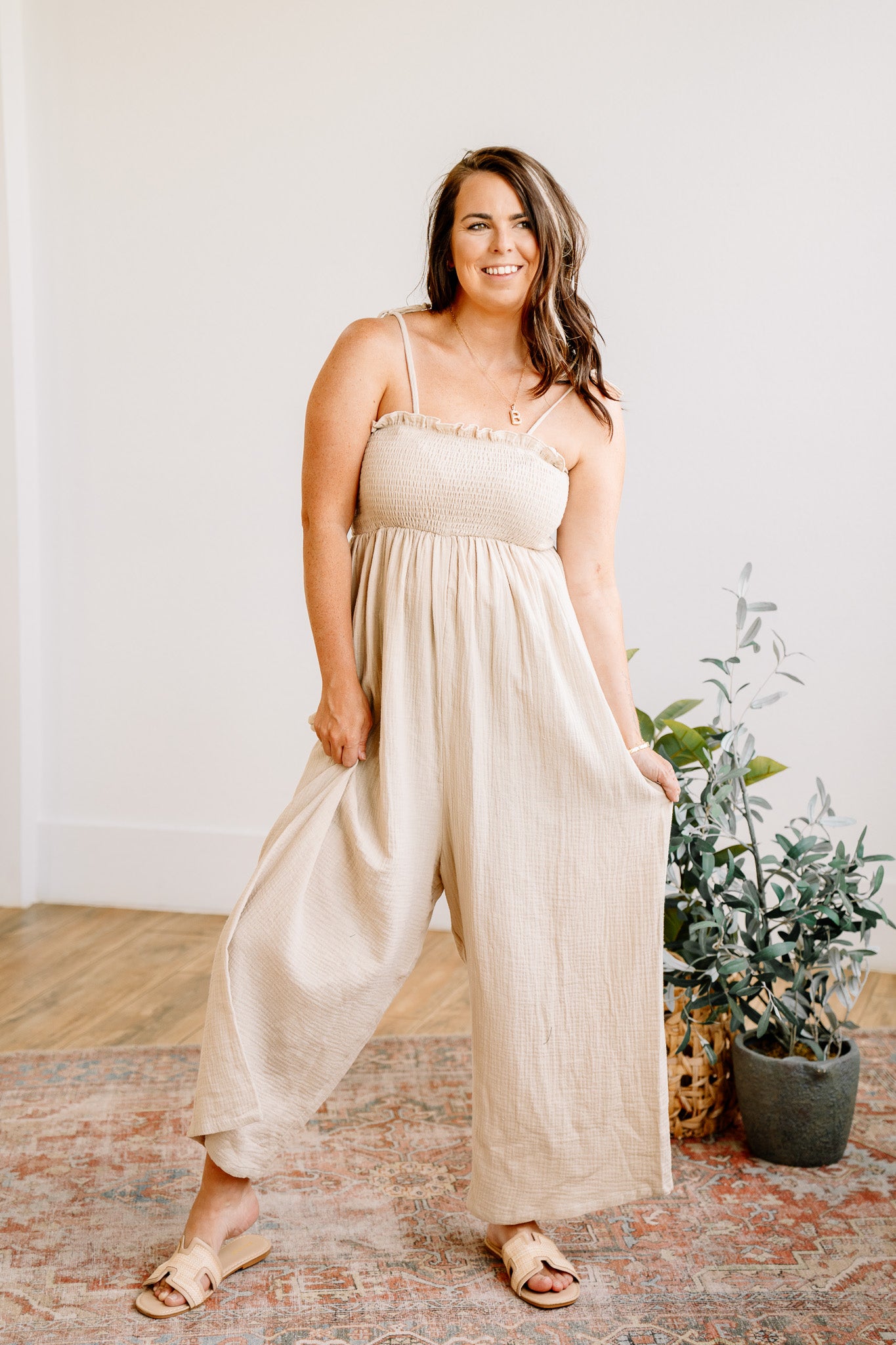 Wrinkle Shirred Bodice Jumpsuit