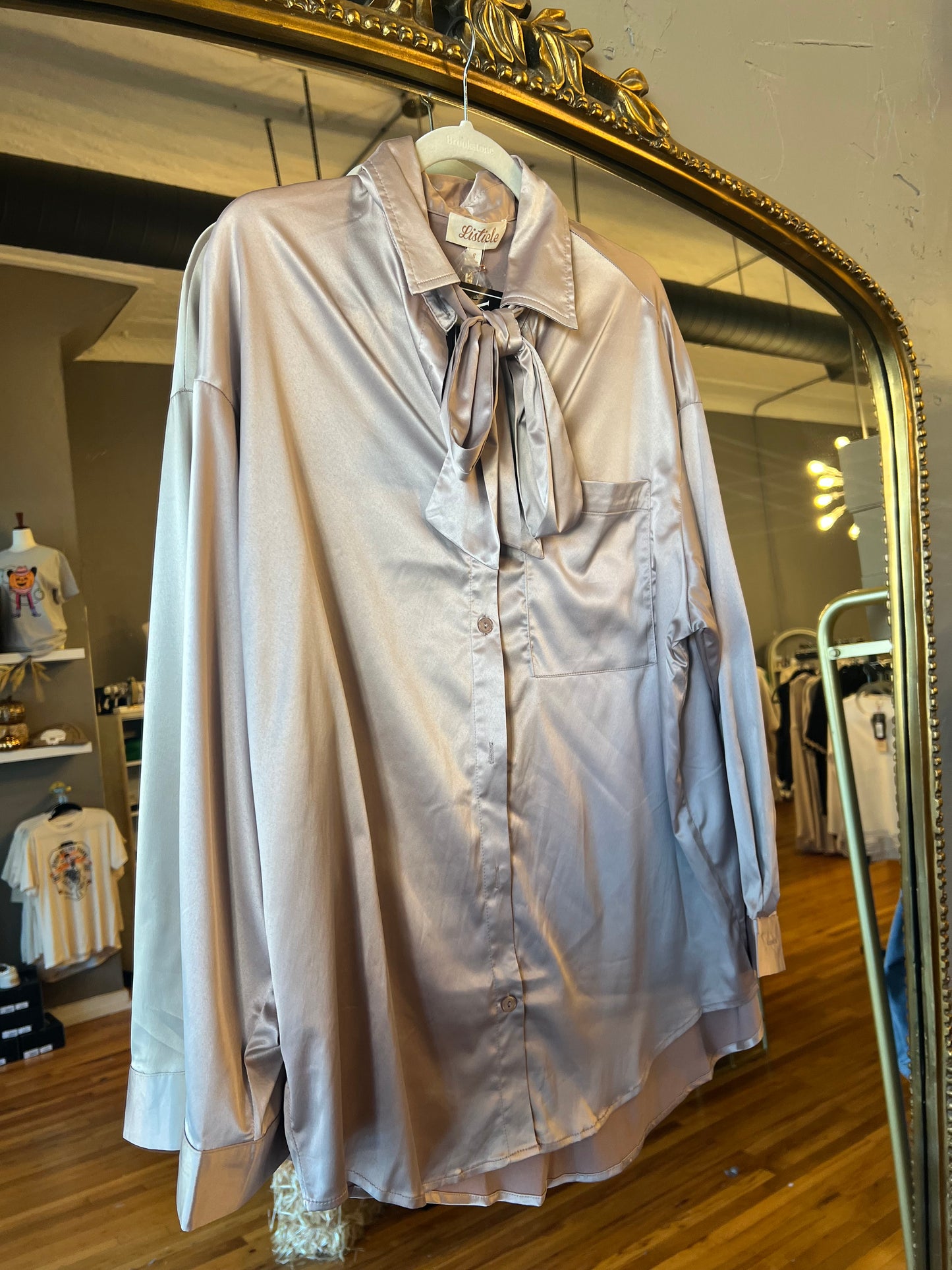 Oversized Satin Neck Tie Blouse