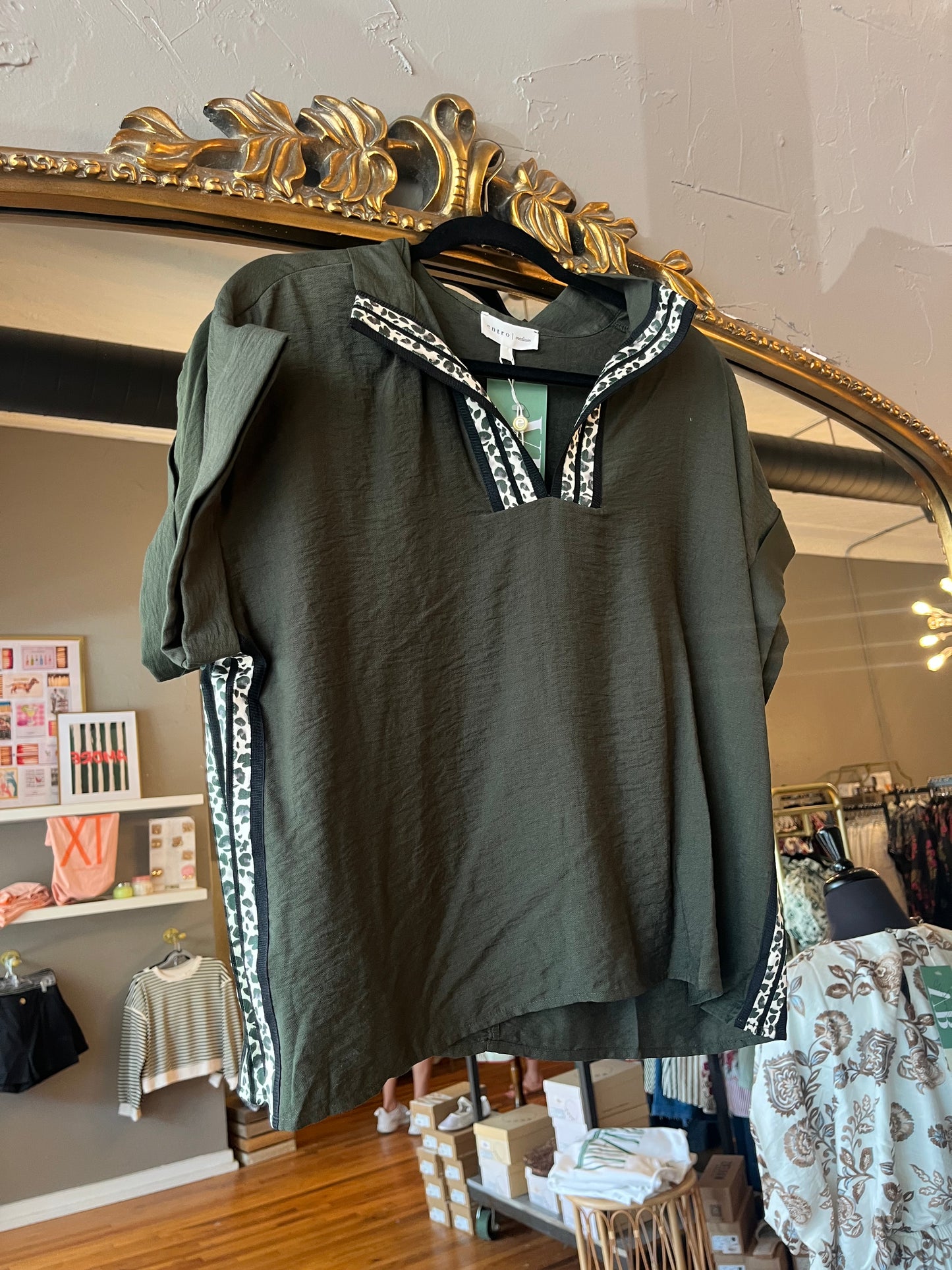 Olive Leopard Trim Top