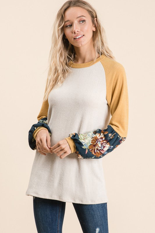 Oatmeal Raglan w/ floral sleeve