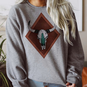 Turquoise Cow Skull Sweatshirt