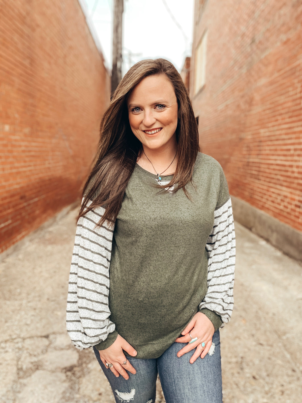 Olive Puff Striped Sleeve