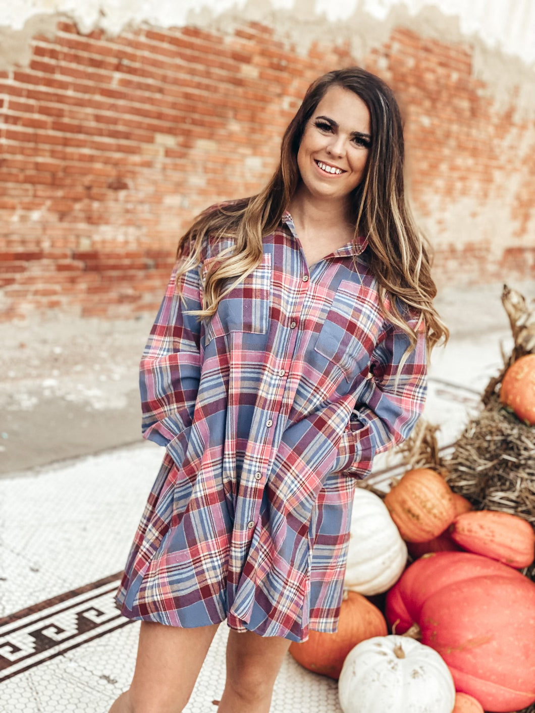 Sipping on cider — flannel dress